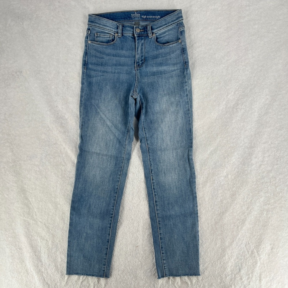 Soho High Waist Straight Jeans Womens 2 Blue Denim Stretch Mid Rise Frayed Hem